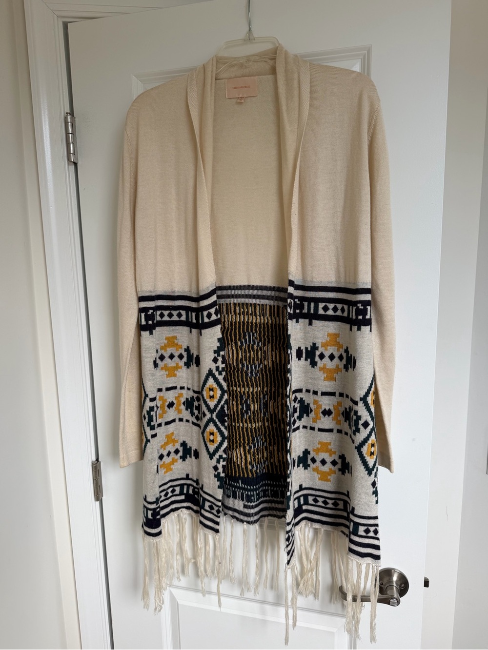Skies Are Blue Cream Open-Front Cardigan with navy blue Mustard green Pattern